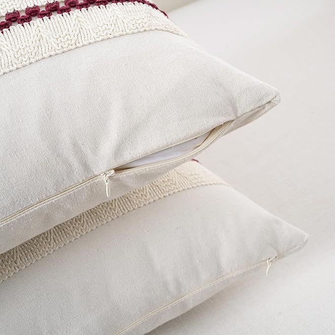 Fancy Homi Set of 2 Burgundy Boho Long Lumbar Decorative Throw Pillow Cover 14x24 Inch for Couch Bed Sofa, Aesthetic Modern Farmhouse Christmas Room Decor, Soft Cotton Cute Wind Red Cushion Case