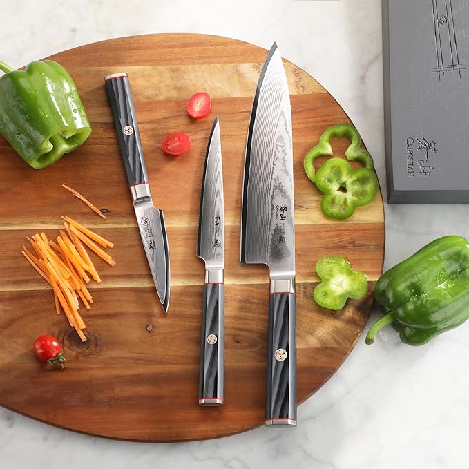 Cangshan YARI Series Starter Knife Set With Ash Wood Box, X-7 Damascus Steel (3-Piece)