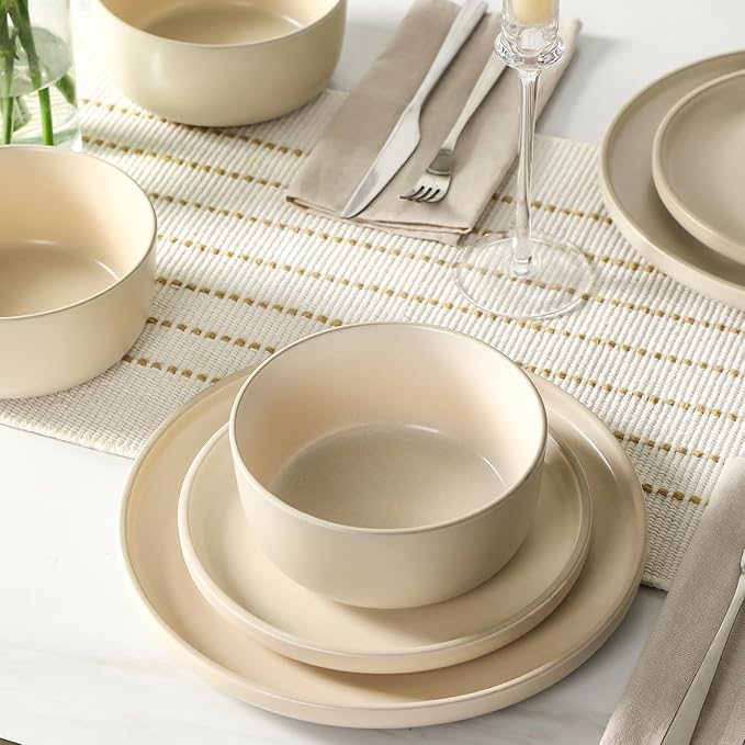 Earth & Clay Amber 24-Piece Dinnerware Set Stoneware, Dishwasher and Microwave Safe Plates and Bowls Set, Dish Set for 8, Beige