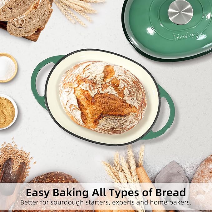 Davivy 6QT Oval Dutch Oven for Sourdough with Lid, Cast Iron Bread Oven Bread Pan with Silicone Baking Mat, Cast Iron Bread Pan Sourdough Bread Cloche Dutch Oven- Forest Green