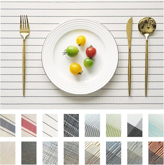 SUMYMERY Placemats Set of 8 Vinyl/Plastic Woven Place Mats for Kitchen Table Indoor/Outdoor Washable Placemat Wipeable Dining Table Mats (White Stripes,8)