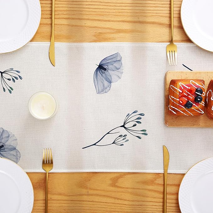 ZCHOMI Poppy Floral Leaves Table Runner 13x72 Inch Seasonal Spring Summer Blue Flower Kitchen Dinning Table Decoration for Home Party Decor