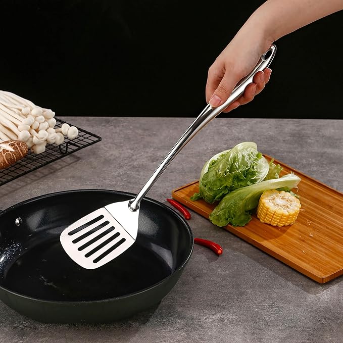 18/10 Stainless Steel Cooking Utensils Set with Holder, 7-Pieces All Metal Kitchen Utensils, 15?쇺?Long Kitchen Tools with Countertop Rotating Stand, Spatula, Ladle, Skimmer, Tunner, Pasta, Large Spoon