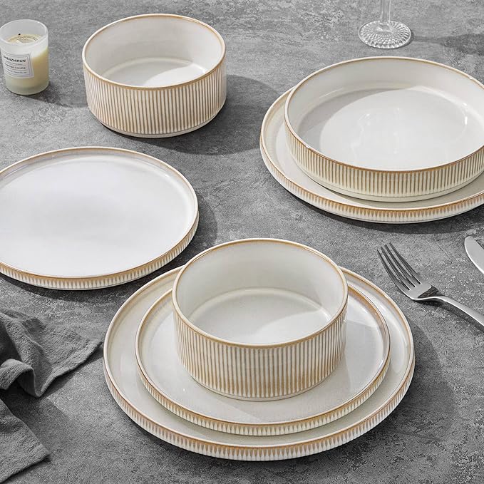 LIANYU 8 Piece Stoneware Plates and Bowls Dishes Set for 2, Dinnerware Sets with Pasta Bowls, Ribbed Dining Ware Dishware for Home Wedding, Microwave and Dishwasher Safe, Dawn Beige
