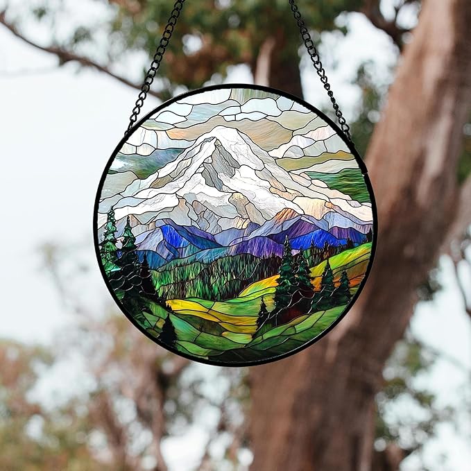 Stained Glass Window Hanging 4 Pcs Set Mountains Lake Green White Landscape 9.8" - Suncatcher Door Garden Sun Catcher Decor Birthday Christmas for Mom Woman Nana Men