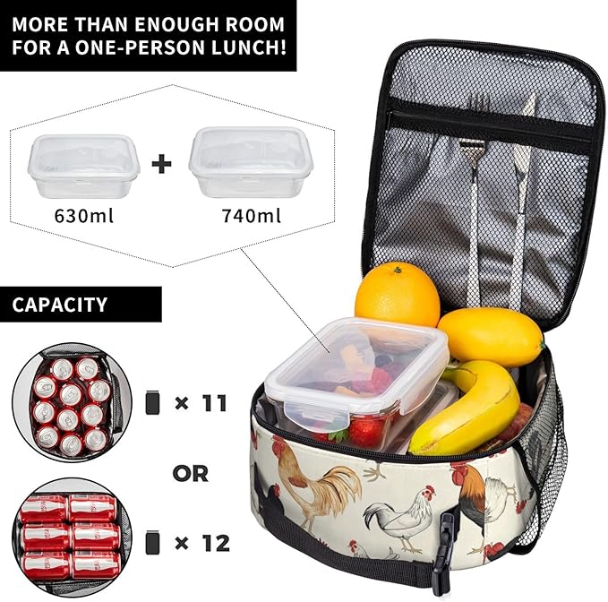 VANZEV Chicken Lunch Box for Adults Women Girls Boys Kids Cute Animal Lunch Box Insulated Cooler Reusable Lunch Bag Container Gifts for Work Office Picnic Travel School