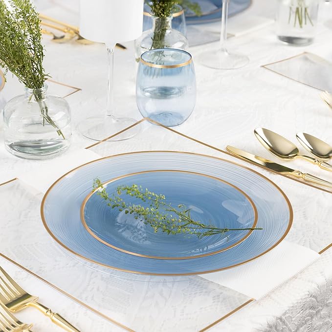 PLASTICPRO 32 Pieces Crystal Design Plastic Plates Combo Pack 7 inch and 10 inch Gold Rim Elegant Disposable Plates, Transparent Blue