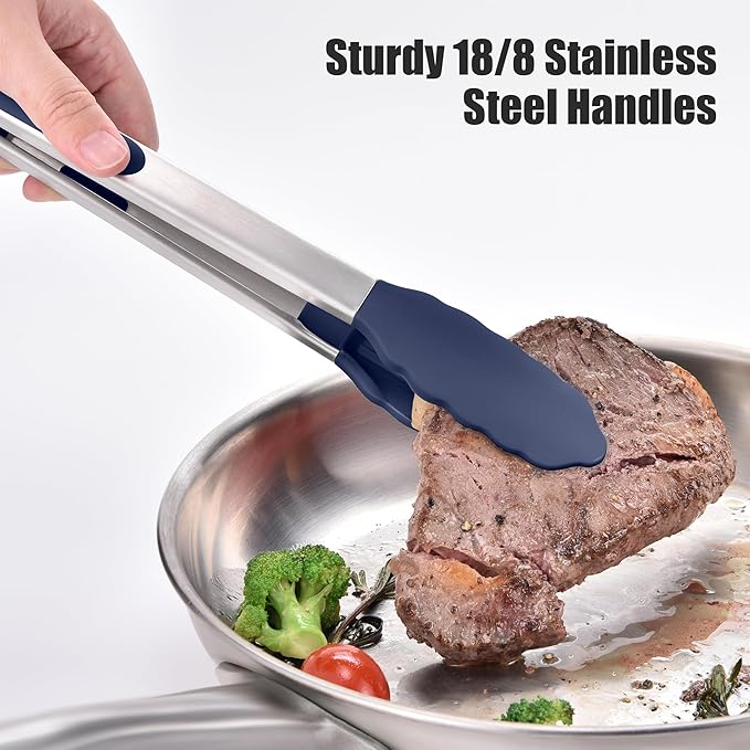 Doosu Kitchen Tongs for Cooking - 600째F Heat Resistant Food Tong with Non-Scratch Silicone Tips, Heavy Duty Stainless Steel Locking Tong for BBQ, Grilling Steak, Serving Salad Pasta (12in, Navy Blue)