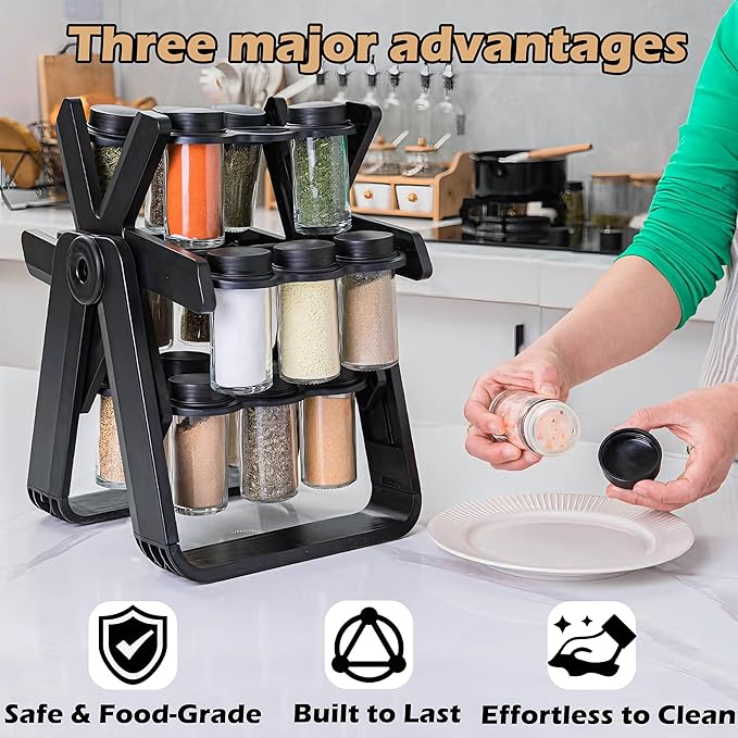 Rotating Spice Rack Organizer Set with 18 Glass Jars - 360째 Revolving Spice Tower for Kitchen Countertop or Cabinet, Complete Organizer with Funnel & Labels, Durable ABS Base with Non-Slip Pads