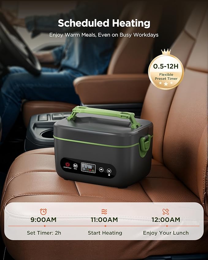 KPPTYUNM Cordless Electric Lunch Box for Adults竊?0000mAh Rechargeable Heated Lunch Box with Self Heating & 1.2L Portable Food Warmer for Work Travel Car(Gray-Green)