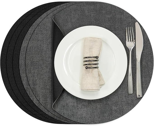 Myir JUN Round Placemats, Dual Sided Faux Leather Place Mats Set of 6 Indoor/Outdoor Non-Slip Washable Table Mats (Gray Black, Set of 6)