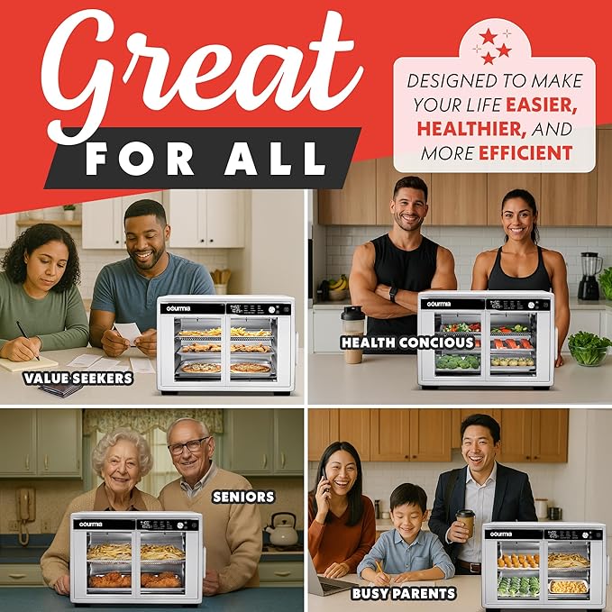 Gourmia French Door Air Fryer Oven - 37 Qt Large Capacity Convection Toaster Oven, FryForce 360°, Digital Display, 12 Cooking Presets, Dehydrate, Fits 13??Pizza, Dishwasher-Safe, White