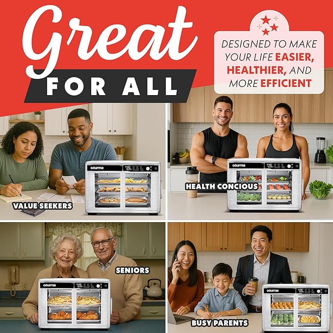 Gourmia French Door Air Fryer Oven - 37 Qt Large Capacity Convection Toaster Oven, FryForce 360°, Digital Display, 12 Cooking Presets, Dehydrate, Fits 13??Pizza, Dishwasher-Safe, Stainless Steel