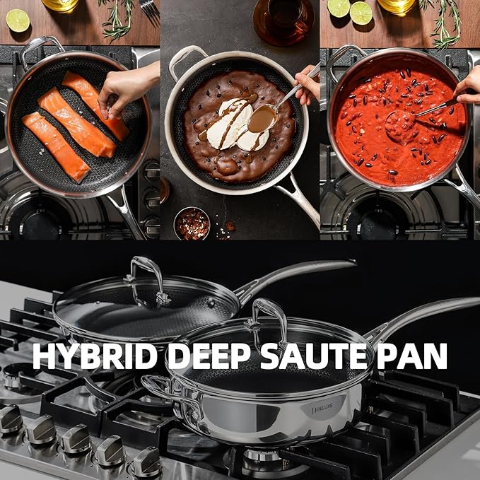 Deluxe 13 Piece Hybrid Ceramic Nonstick Stainless Steel Cookware Set-5 Piece Frying Pan Set, 6 PC Pot Set, 3.7QT Deep Saut챕 Pan&Lid, Induction Ready, Stay Cool, PFOA Free Compatible with All Cooktops