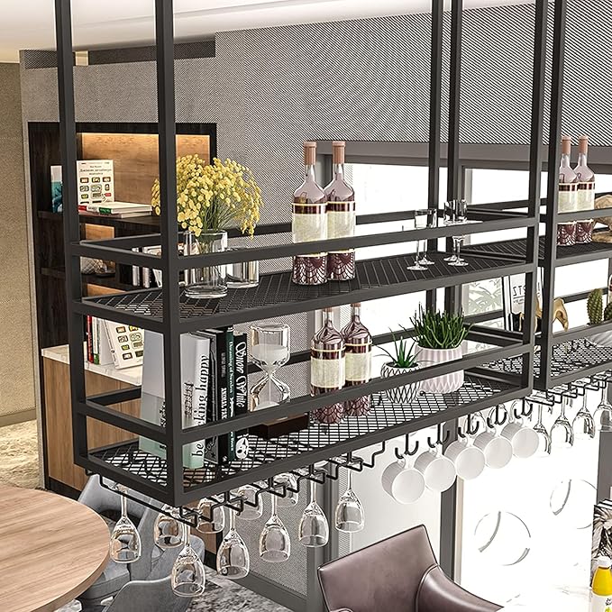 63in Ceiling Wine Glass Rack, Industrial Wall Mounted Wine Rack, Hanging Wine Rack, 2-Layer Iron Bottle Holder Wine Shelf with Glass Holder (Gold, 63INCH)