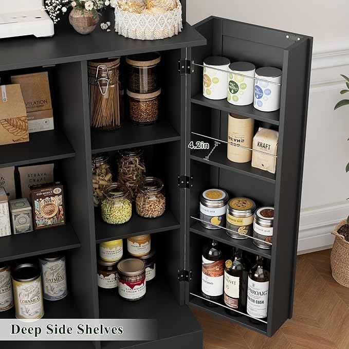 HOSTACK 71'' Pantry Cabinet, Tall Storage Cabinet with Microwave Stand, Freestanding Kitchen Hutch with Doors and Adjustable Shelves, Mordern Food Pantry for Kitchen, Dining Room, Black