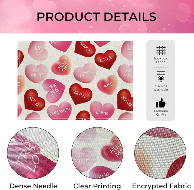 Valentine Placemats Set of 4, 12x18 Inch Be Mine Kiss XOXO Love Hearts Table Mats, Seasonal Anniversary Holiday Valentines Day Table Decorations for Kitchen Dining Home Party Decor