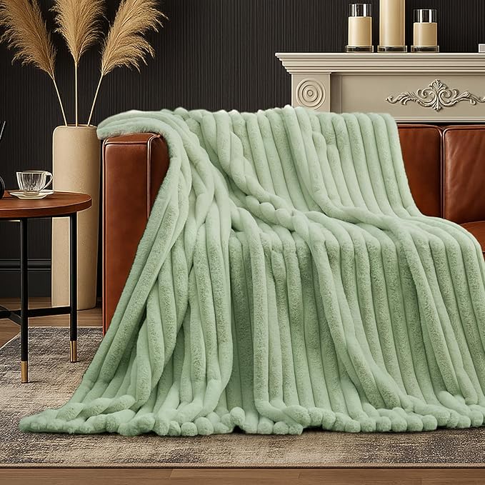 Am챕lie Home Faux Fur Throw Blanket for Couch, Cozy Fuzzy Fluffy Fur Luxurious Soft Striped Plush Gift Blankets for Family Sofa Chair Bedroom, 55"x70", Sage Green