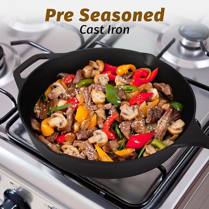 Zulay Kitchen Pre-Seasoned Cast Iron Skillet ??12.5 Inch Heavy Duty Frying Pan for Indoor & Outdoor Cooking ??Oven, Stovetop, Induction, Grill & Campfire Safe