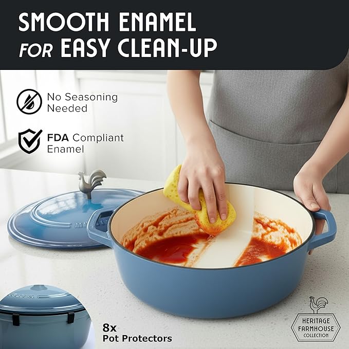 MUELLER HOME 5.5 Quart Enameled Cast Iron Oval Dutch Oven w Rooster Knob & Cotton Potholders, Heavy-Duty Cookware, Oven-Safe up to 500째 F & Across All Cooktops, Gifts for Grandma & Women, Mineral Blue