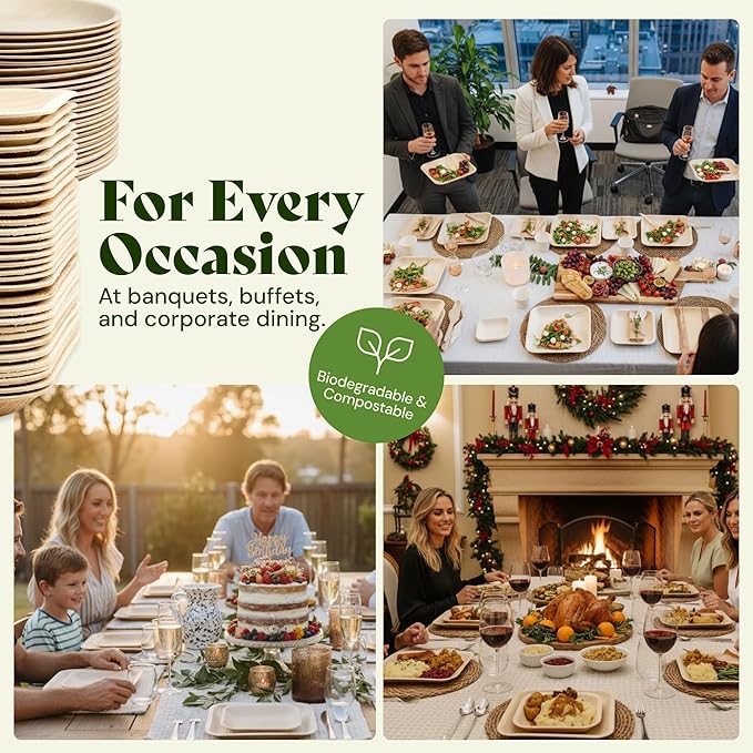 Chic Leaf Palm Leaf Bamboo Style Plates - 9-Inch Square, Pack of 50 - Compostable Serving Platters - Microwave-Safe Disposable Plates - Durable Party Dishware for Winter Events & Indoor Gatherings