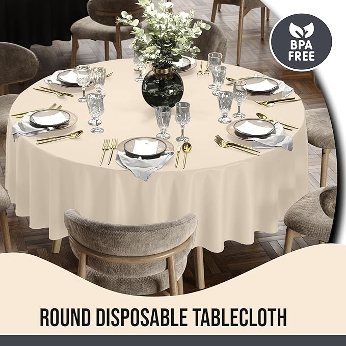 Party Solids 12-Pack Ivory Round Plastic Tablecloth Disposable ??Size: 90 Inches ??Round Plastic Table Cloths for Parties, Picnics & Formal Events