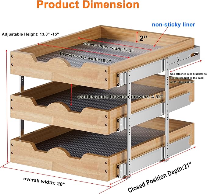 DINDON 3 Tier Pull Out Cabinet Organizer 20?쓂 X21?쒭 Slide Out Shelves With Shelf Liner for Kitchen Wood Roll Out Drawers Pantry Organization