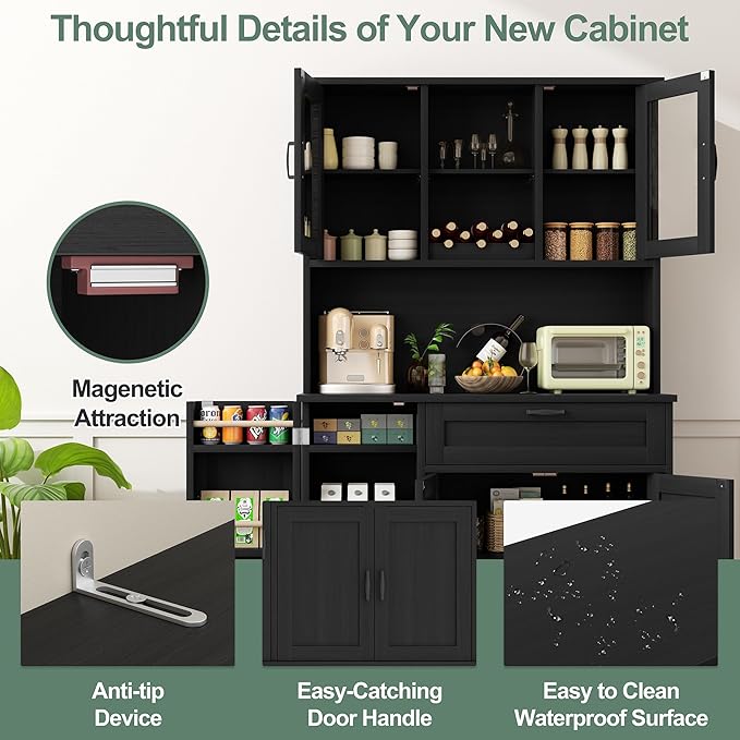 Shintenchi Kitchen Pantry Storage Cabinet, Freestanding Buffet Cabinet with Microwave Stand & 4 Door Shelves, Kitchen Hutch with Doors, Adjustable Shelves and Wine Rack, Black