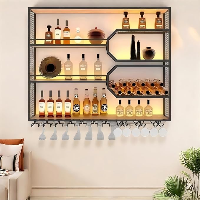 4-Tier Wine Rack Wall-Mounted & 59Inch Large Bar Shelf for Liquor Bottles, Black Metal Storage for Wine and Liquor Bottles in Home Bars or Dining Rooms (No Lighting, Left)