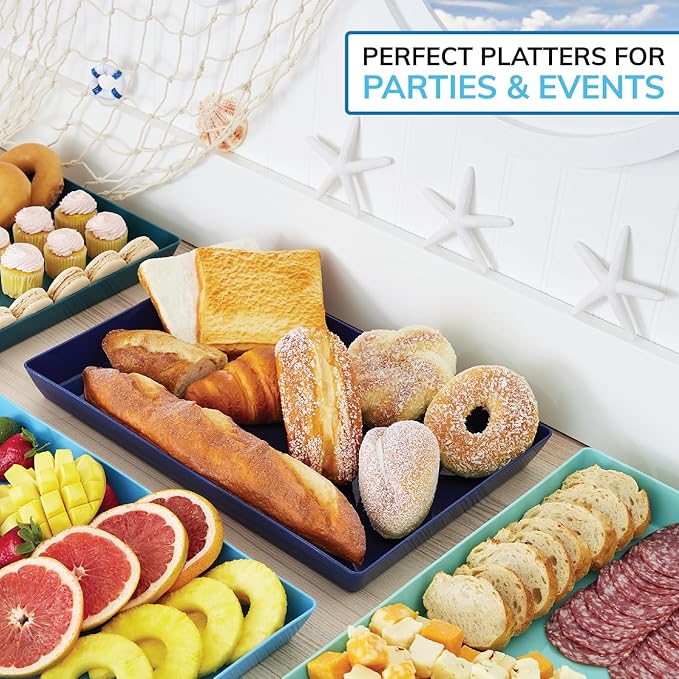 US Acrylic Coastal Plastic Serving Trays (Set of 4) 15??x 10??| Large Unbreakable Reusable Rectangular Party Platters | Serve Appetizers, Fruit, Veggies, & Desserts | BPA-Free & Made in USA