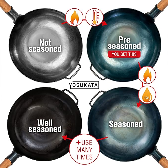 YOSUKATA 13.5??Blue Carbon Steel Wok Pan ??Pre-Seasoned Flat Bottom Wok Compatible with open fire, gas, electric, ceramic, induction cooktops -Traditional Chinese Pan for Stir Fry, BBQ, Grill, Camping