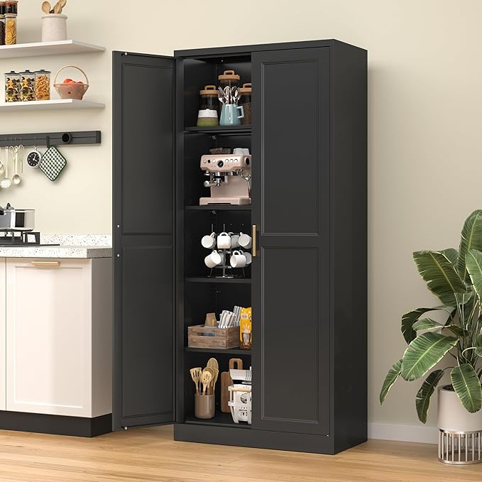 71" Kitchen Pantry Storage Cabinet,Black Tall Storage Cabinet With Doors and Shelves,Metal Food Pantry Cabinets for Kitchen Storage,Freestanding Cupboard for Dining Living Room,Assemble Required