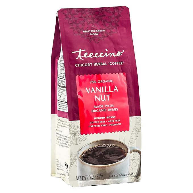 Teeccino Vanilla Nut Chicory Coffee Alternative - Ground Herbal Coffee That?™s Prebiotic, Caffeine Free & Acid Free, Medium Roast, 11 Ounce (Pack of 6)