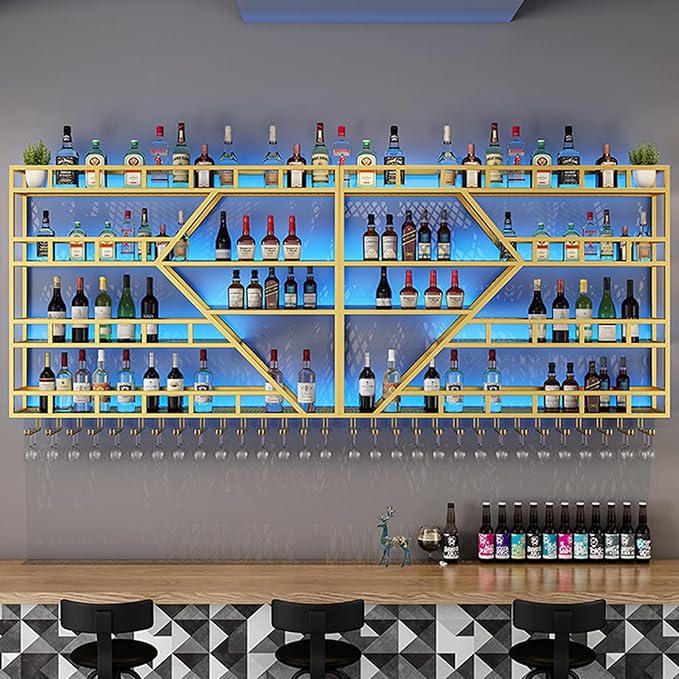 79in Metal Wine Rack Wall Mounted, Modern Wine Storage Rack Wall Mounted with Wine Glass Holder, Liquor Shelf, Bar Shelves for Liquor Bottles (4 Tiers Gold, 79 * 7.87 * 48.5INCH)
