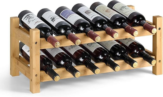HYNAWIN 2 Tiers Bamboo Wine Rack Free Standing Wine Display Stand Wine Storage Rack Shelf Wine Bottle Holder for Home Living Room Kitchen Bar