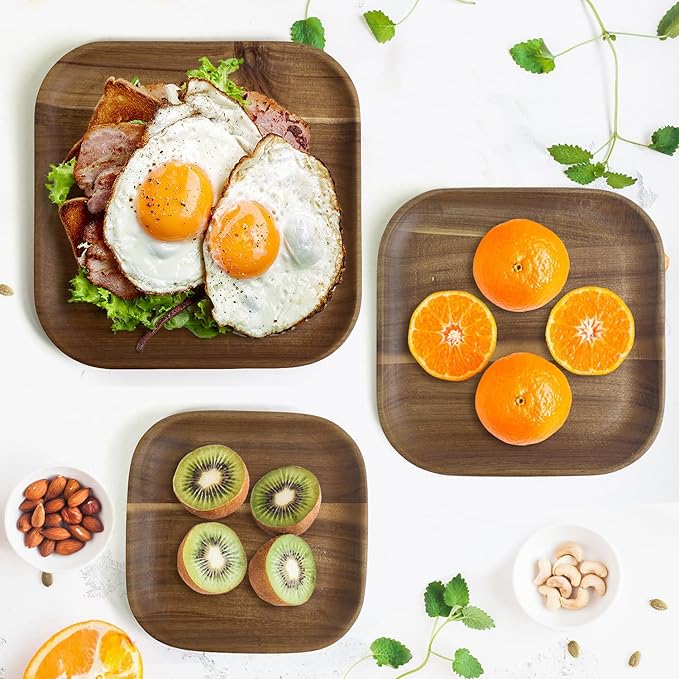 Acacia Wooden Plates Set of 3, 6/8/10 Inch Square Serving Platters for Charcuterie, Appetizers, Acacia Wood Plates, Stackable Dinnerware Trays for Kitchen, Party & Entertaining (Square Tray)