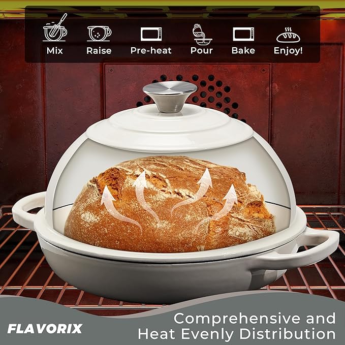 Enameled Cast Iron Bread Oven for Sourdough, Dutch Oven for Bread Baking with Lid, Dutch Oven Bread Pan, 6 Qt, White
