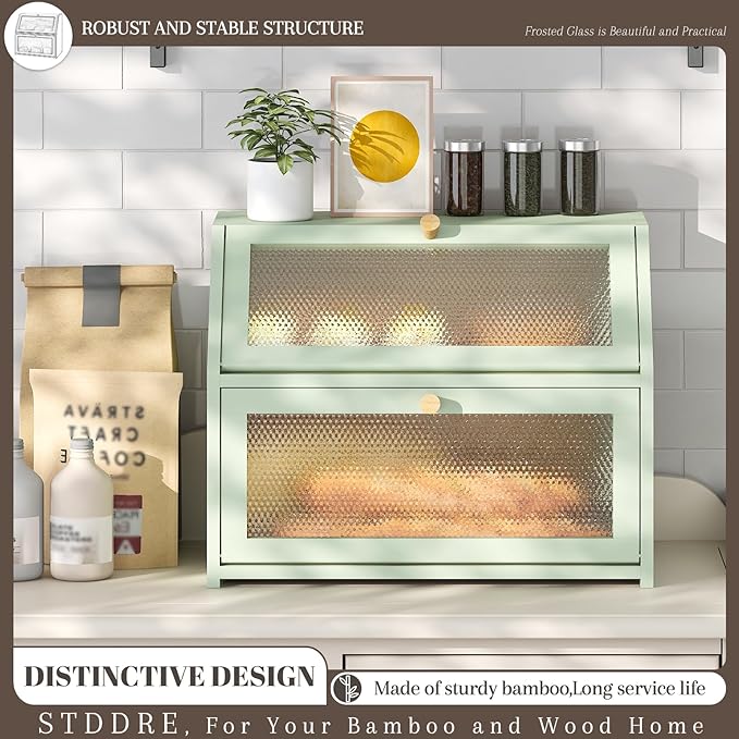 Bread Box for Kitchen Countertop Bin Double Layer Bread Box Storage Container Extra Large Capacity Farmhouse with Diamond Pattern Windows (Green, Large)