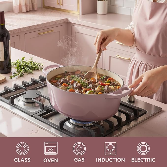 Vintage Style Oval Dutch Oven for Bread Baking, 4.5 Quart Non Stick Enameled Cast Iron Dutch Oven Pot with Lid, Oven Safe Oval Casserole with Lid up to 500째F for Baking, Braising, Stews, Roasting, Pink