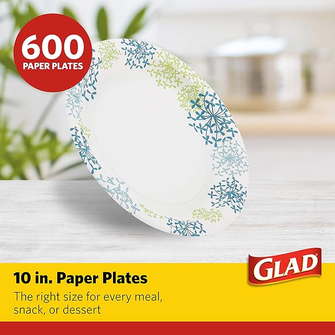 Glad Round Disposable Paper Plates, Blue Hydrangea Pattern - Strong, Sturdy, Soak Proof, and Microwavable Decorative Plates for Dinner and Everyday Use, 10 Inch, 50 Count - 12 Pack