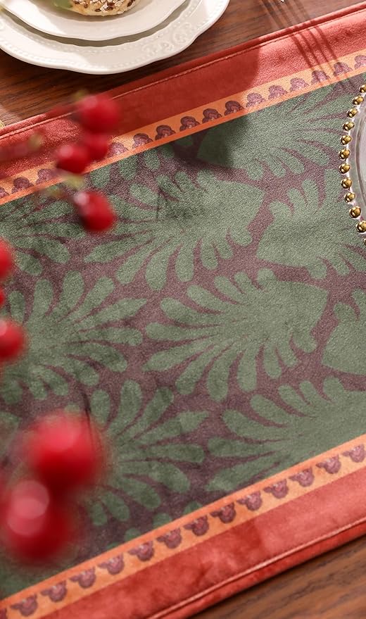 patdrea Designer Mysterious Oil Painting Figures Velvet Table Runner, Brown Green with Palm Frond Pattern Table Mat, Decoration for Kitchen Dining Coffee Table Cabinet Banquet Thanksgiving,12"*118"