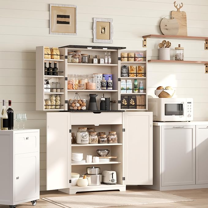 COSIEST 72'' Kitchen Pantry Cabinet, Tall Storage Cabinet with Organizer, Drawer and Adjustable Shelves, Freestanding Cupboard, Storage Cabinets for Kitchen, Dining Room, Bathroom, Off White