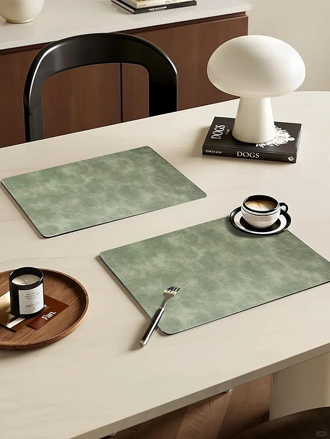 Cowhide Pattern PU Leather Placemats Set of 6 Heat Resistant Kitchen Table Mats, Non-Slip Dining Table Decorations, Double-Sides Waterproof Wipeable Place mats(Green)