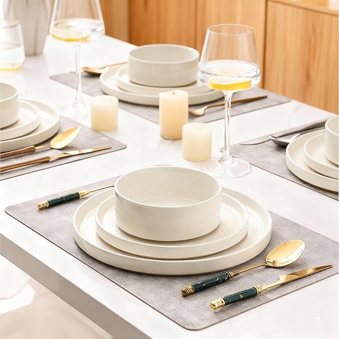 AmorArc Ceramic Dinnerware Set for 4 | Speckled Stoneware Plates and Bowls with unglazed terracotta | Scratch Resistant, Dishwasher & Microwave Safe Modern Dishes Sets- 12-Pcs Beige