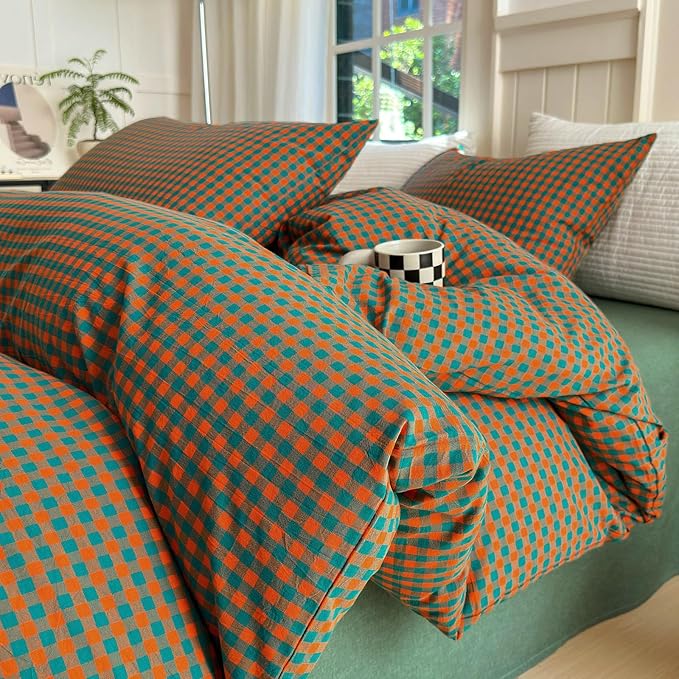 LifeTB Gingham Comforter Set Full Modern Style Orange Green Plaid Grid Comforter Soft Fluffy 3 Pieces Checkered Pattern Comforter Set Farmhouse Gingham Bedding Comforter with 2 Pillowcases