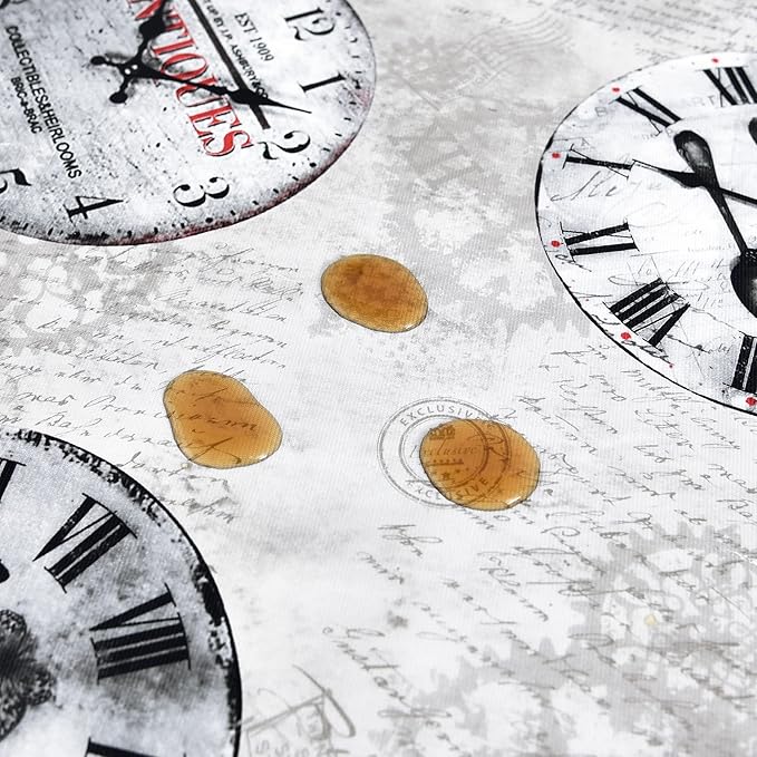 Vinyl Table Cloth Small Square Tablecloth, Wipeable Spillproof Plastic Oilcloth Table Cover, Waterproof PVC Tablecloths for Card Tables, Bistro Tables, Picnic 54 x 54 Inch 4ft Inch Grey Retro Clock