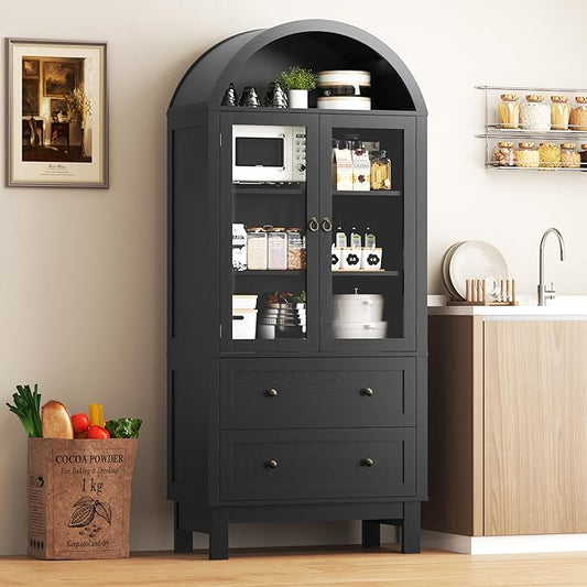 Arched Cabinet with Glass Doors, 71" Tall Freestanding Pantry Cabinet with 2 Large Drawers and Adjustable Shelf, Farmhouse Wood Storage Cabinets, Versatile Cupboard for Kitchen, Dining Room, Black