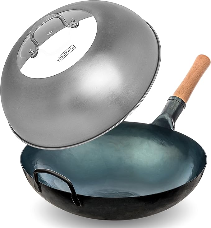 YOSUKATA Blue Round Bottom Wok Pan ??14" Woks and Stir Fry Pans + Wok Lid 13.6 Inch - Premium Stainless Griddle Dome with Tempered Glass Insert Steam Holes