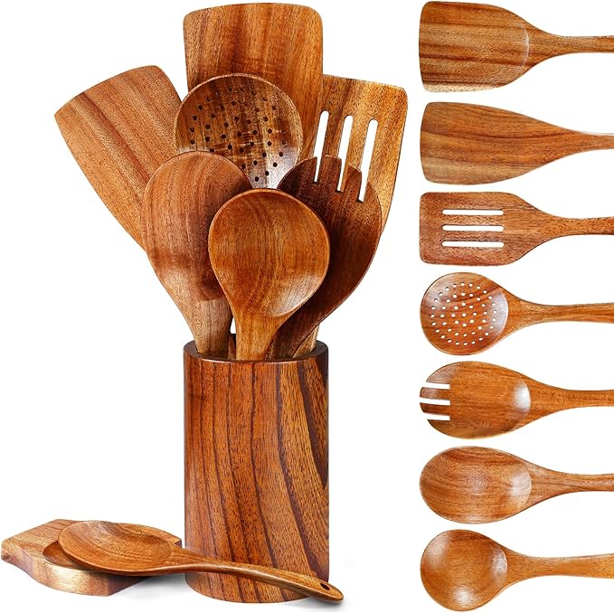Pleafind Natural Teak Wooden Utensil Set - 9 Pcs, Wooden Spoons for Cooking, Wooden Cooking Utensils Set with Holder 竊?Spoon Rest, Soft Comfort-Grip Wood Kitchen Utensil Set for Non-Stick Cookware