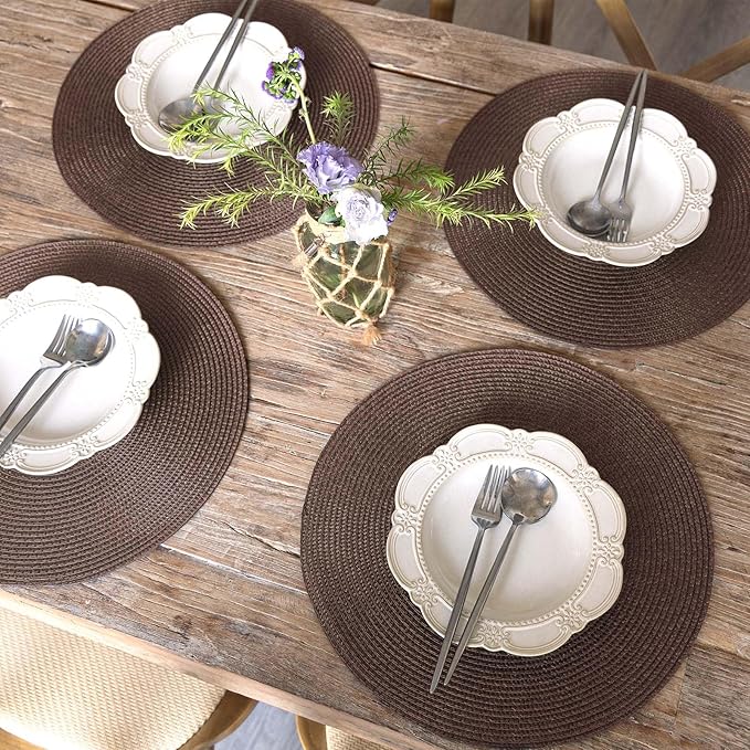 FunWheat Round Braided Placemats Set of 6 Table Mats for Dining Tables Woven Washable Non-Slip Place mats 15 inch (Brown, 6pcs)